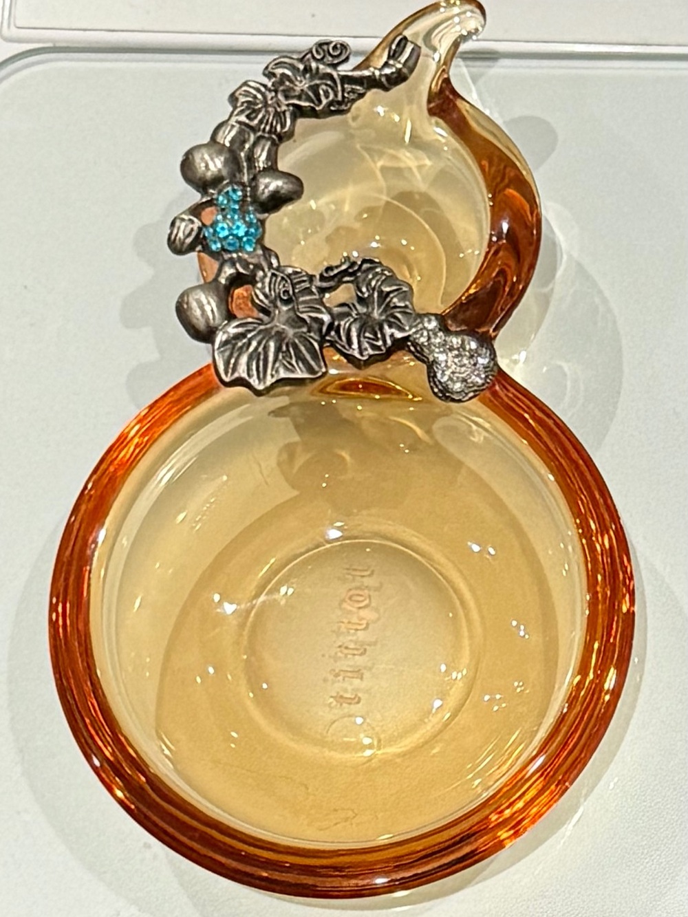 TITTOT AMBER ART GLASS PEWTER PLENTIFUL HARVEST PEAR SHAPE. COLLECTIBLE PIECE